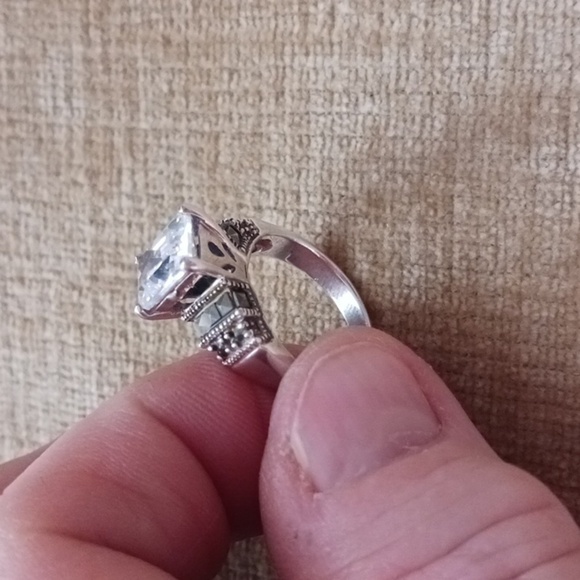 Rhinestone Marcasite Four Prong Set Silver Ring - Picture 8 of 13